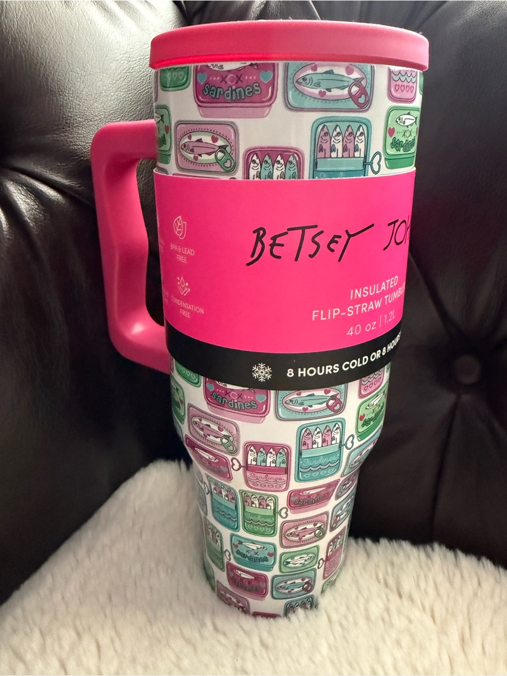 Betsey Johnson New Pink Multicolor Sardine-Can Pattern Insulated Tumbler 40 oz